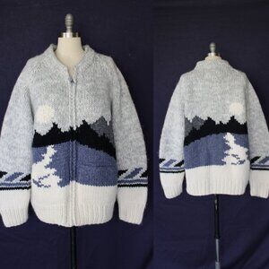 KANATA Hand Knit Wool Cardigan sweater Jacket cowichan Big Labowski aztec Tribal